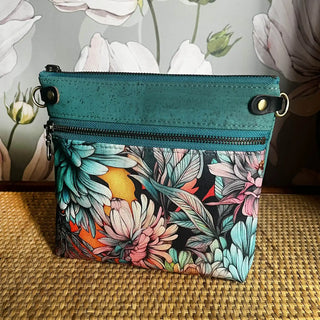 Izzy's Mom Cross-Body (M) - Turquoise Cork Sunlit Dahlias / Brushed Antique