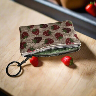 Zippered Coin-Key Pouch - Cork Strawberries / Antique